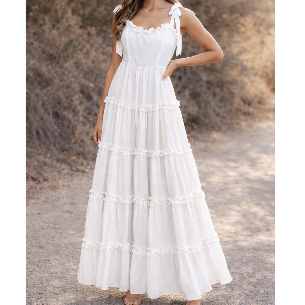 Judith March White Tiered Maxi Dress Boho Tie Shoulder Ruffle Bridal Size S L1
